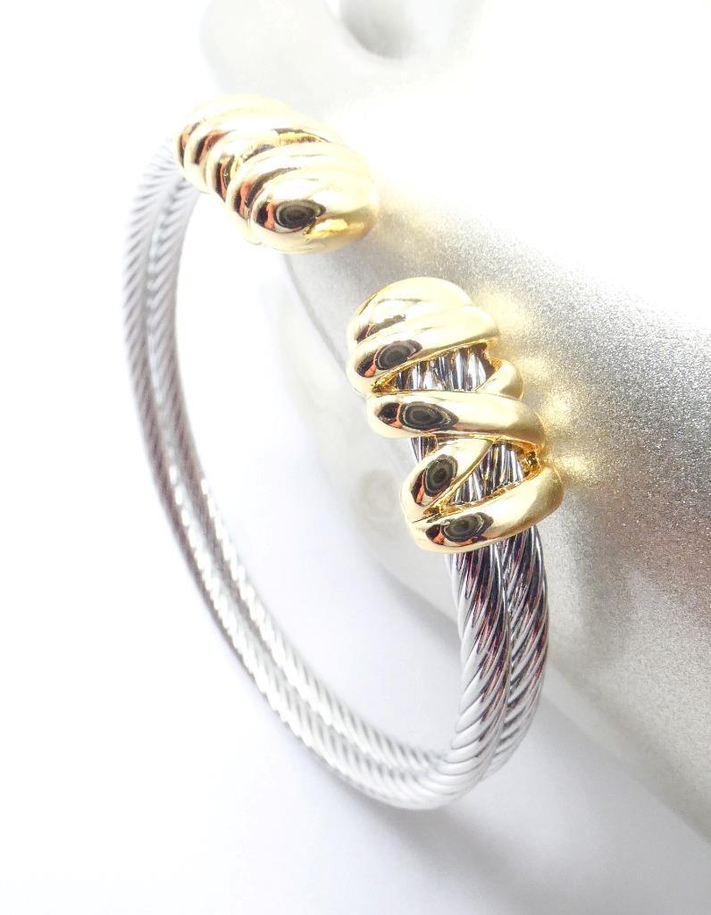 LUXURIOUS 18kt Gold Plated Crisscross X End Tips Double Cable Cuff Bracelet