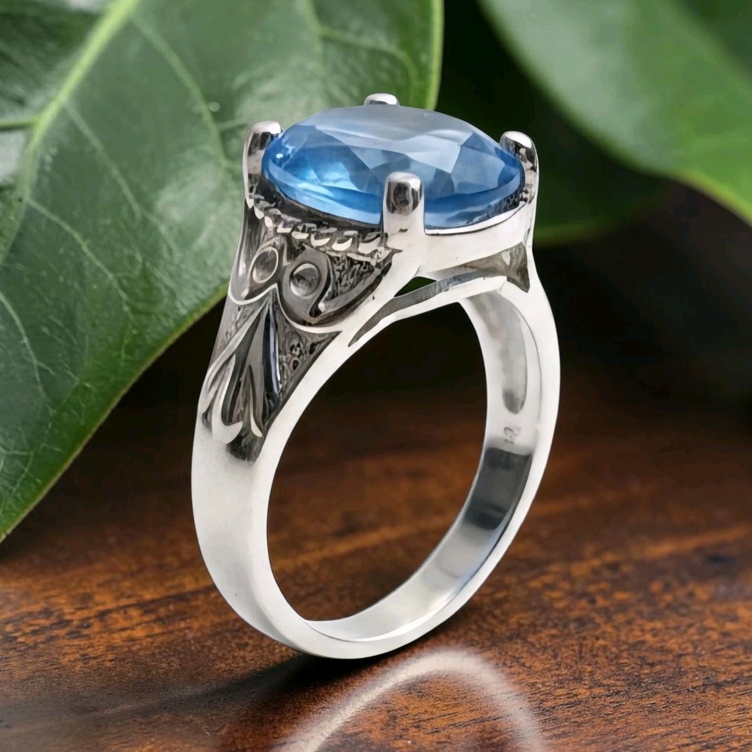 Sterling Silver Oval Blue Gemstone Cocktail Ring Prong Set Scroll Band Size 8.5