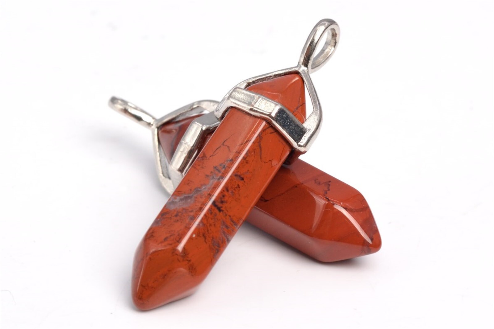 2 Pcs 40x8MM Red Jasper Beads Hexagonal Pointed Pendant AAA Silver Plated Cap