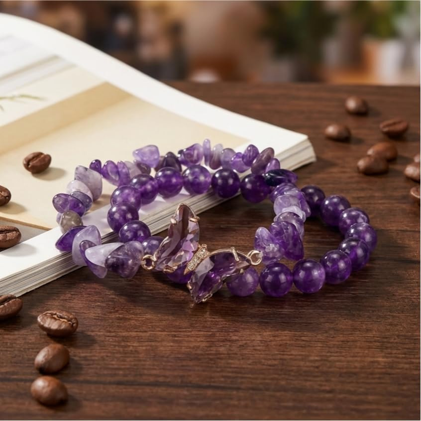 Natural Amethyst Healing Stone Bracelet Set for Women, Anxiety Relief Nature Sto