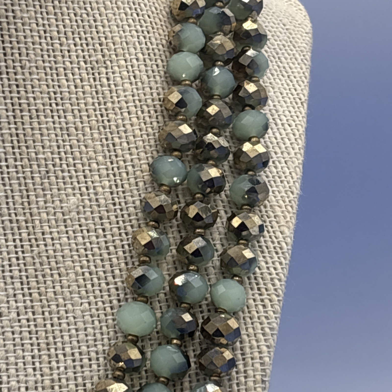60” Faceted Glass Bead Necklace Metallic Gold Sage Green Long Wrap