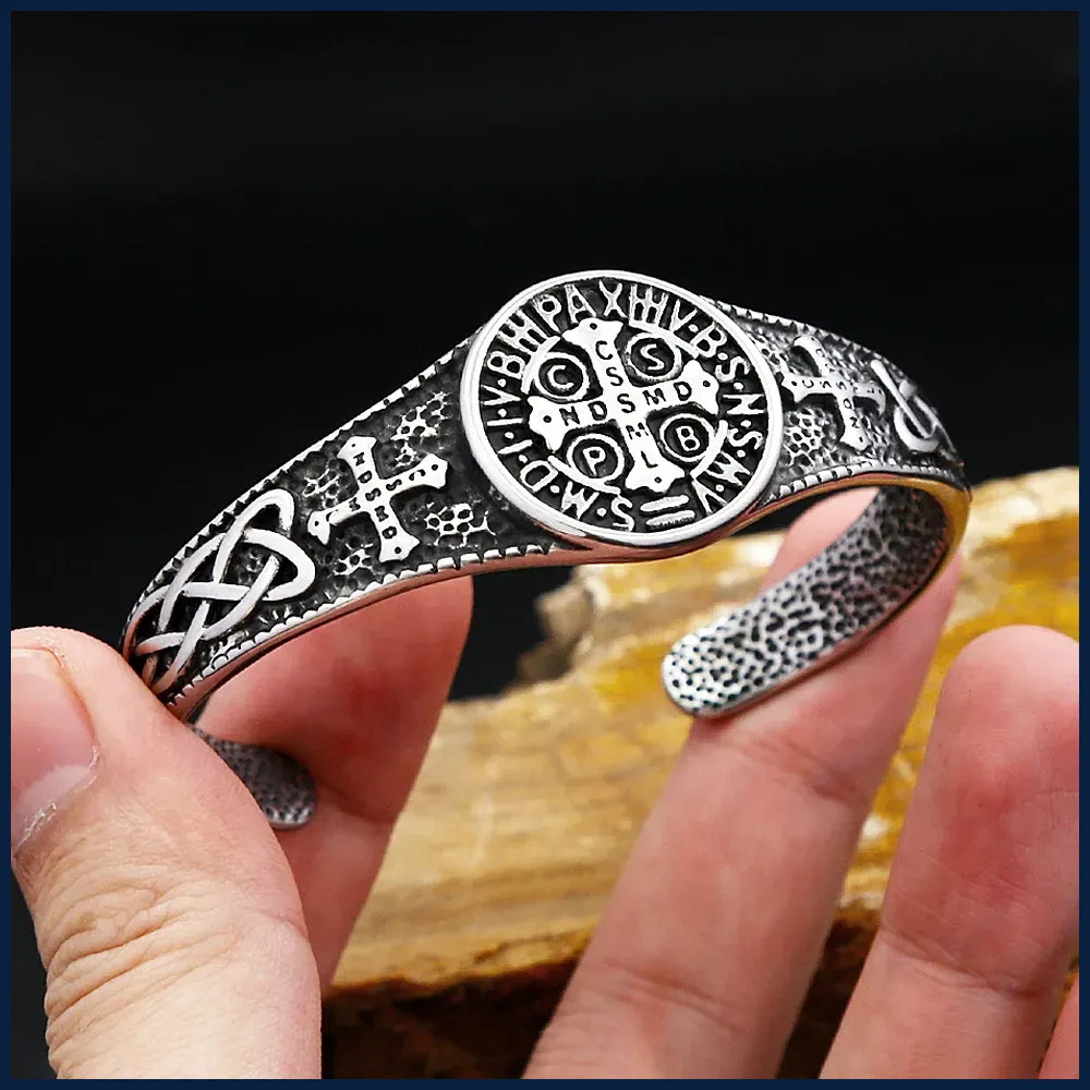 Stainless Steel Cross Open Cuff Bracelet for Men Women Biker Bangle