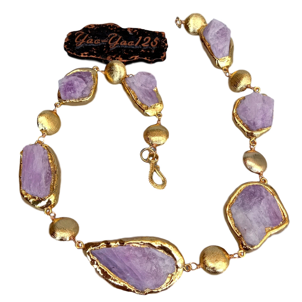 20″ Natural Pink Kunzite Rough Raw Gold Plated Edge Brushed Bead Necklace