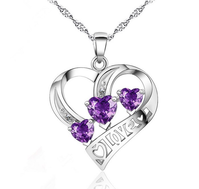 Sterling Silver Heart Love CZ Amethyst Pendant Necklace 18″ Chain Gift Box E7