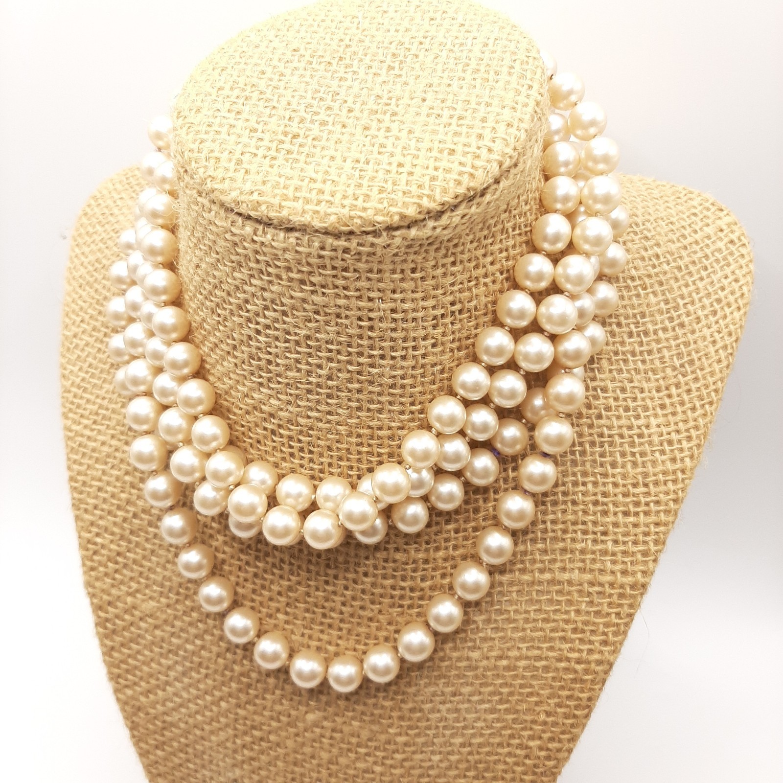 Crown Trifari Vintage MCM Multistrand Faux Ivory Pearl Necklace Cabochon Clasp