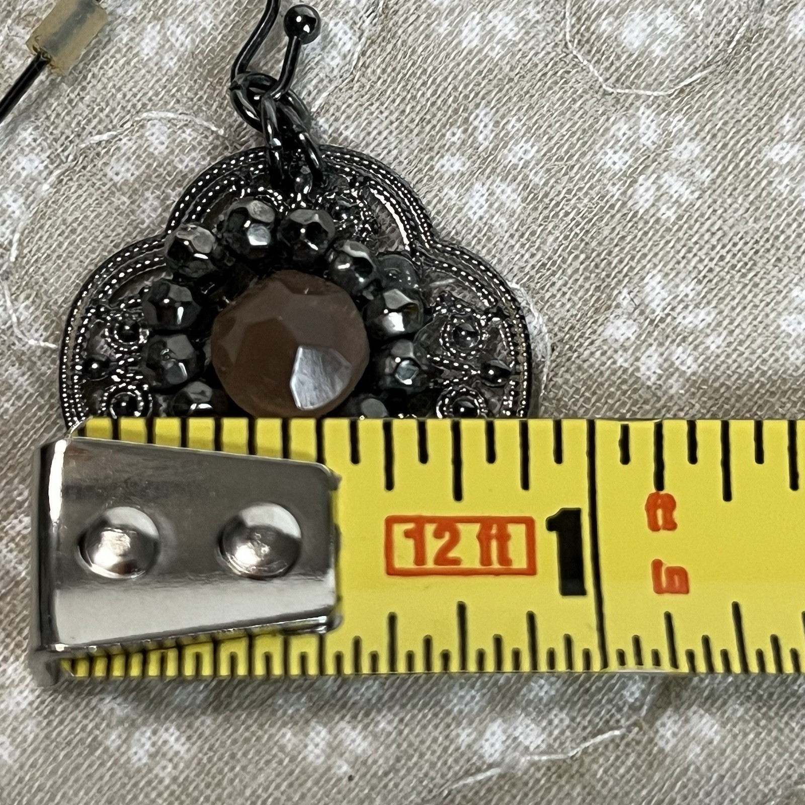 Gunmetal Tone Filigree Medallion Earrings Pendant Dangle Drop Pink & Gray Stones