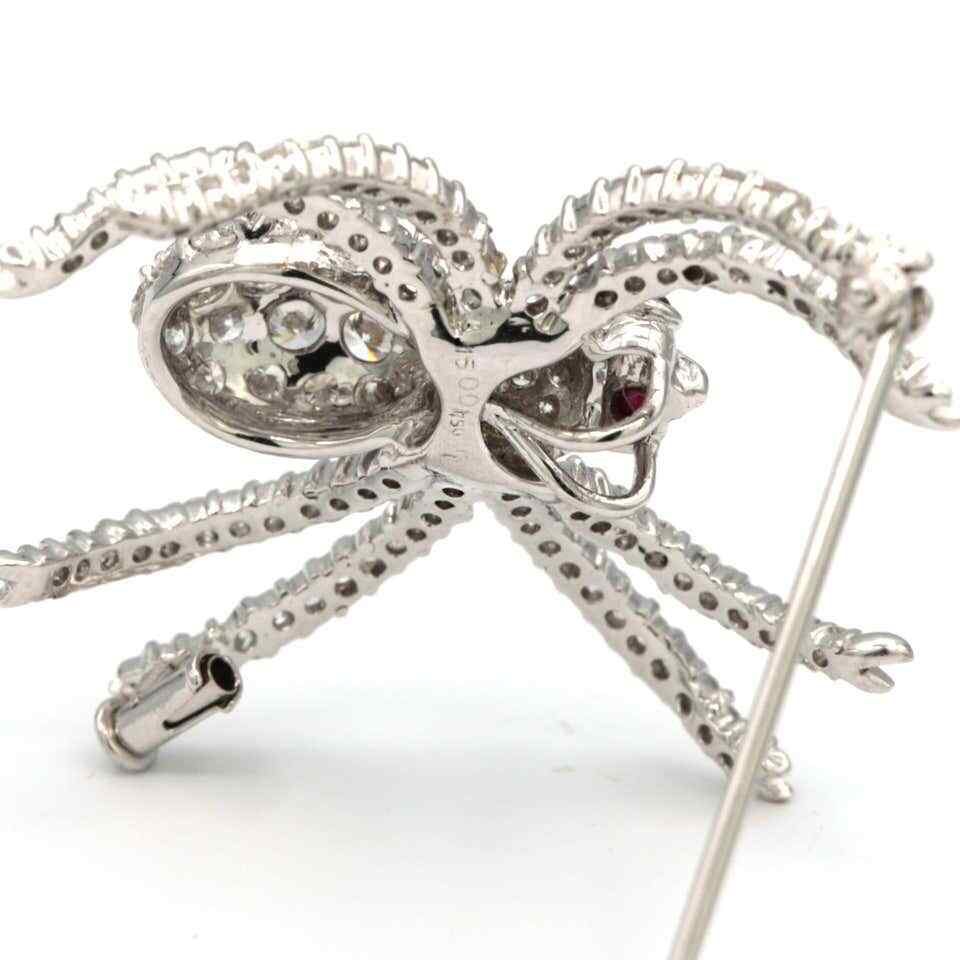 Sparkly Spider Brooch With White Round Brilliant White CZ & 2 Small Rubies Eyes