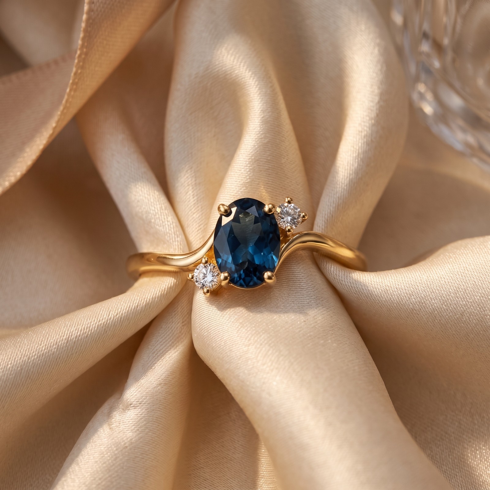 Natural London Blue Topaz Cluster Ring, 14k Yellow Gold Dainty Minimal Band Ring