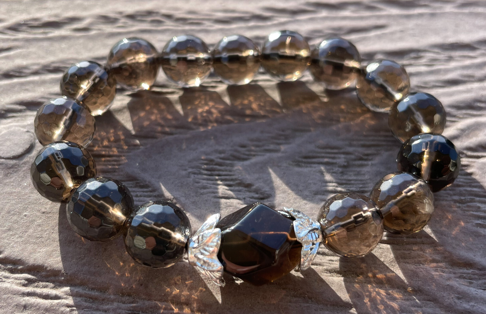 Gray Smokey Quartz Faceted Round Natural Gemstone Stability Grounding Bracelet