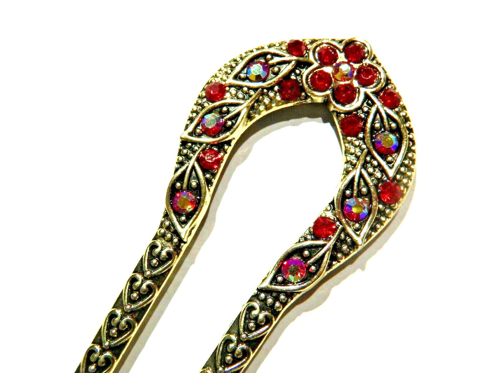 RED & GOLDTONE CRYSTAL HAIR STICK horseshoe prong bun twist pin rhinestone H1