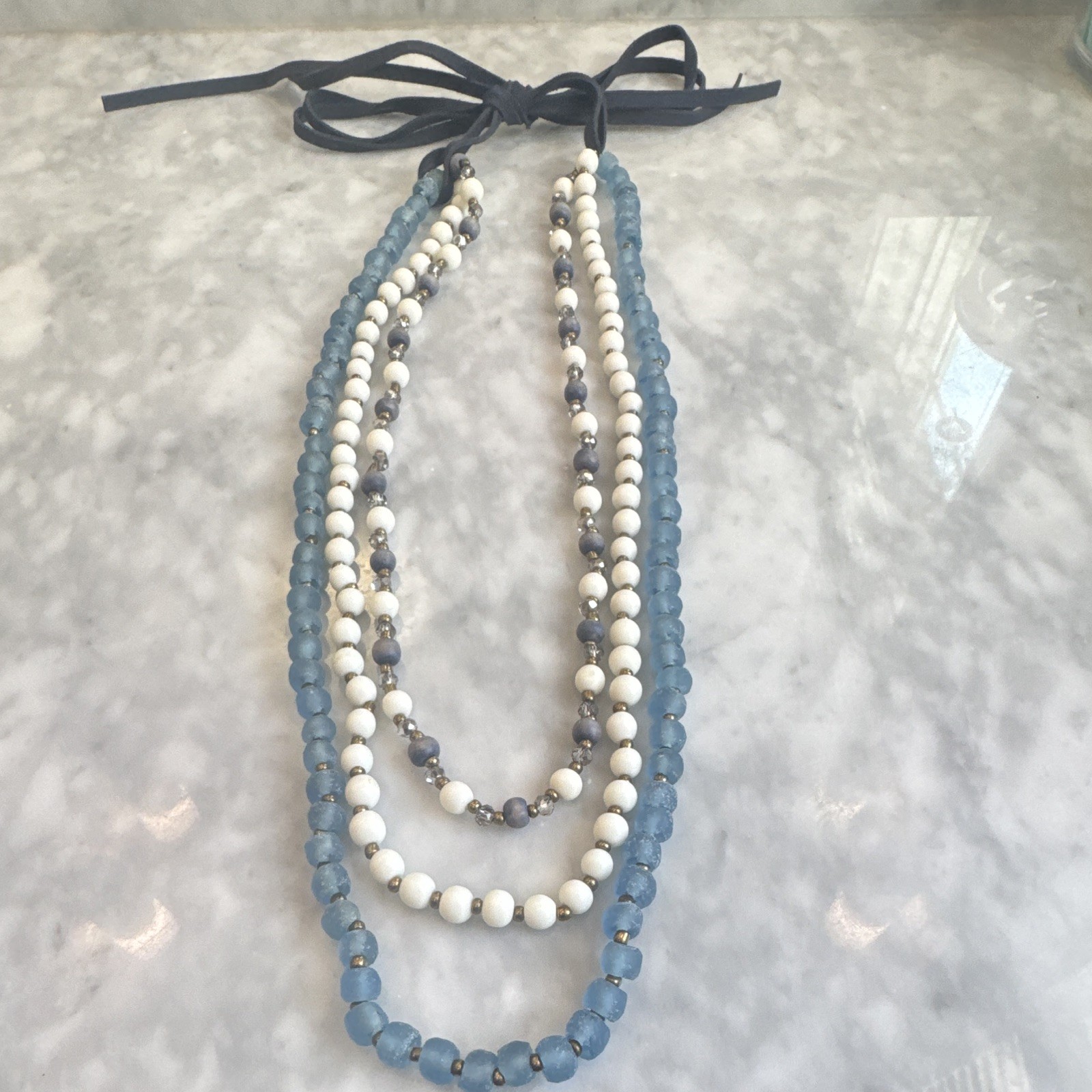 Blue White Gray Layered Beaded Necklace Round Beads Adjustable Tie Closure