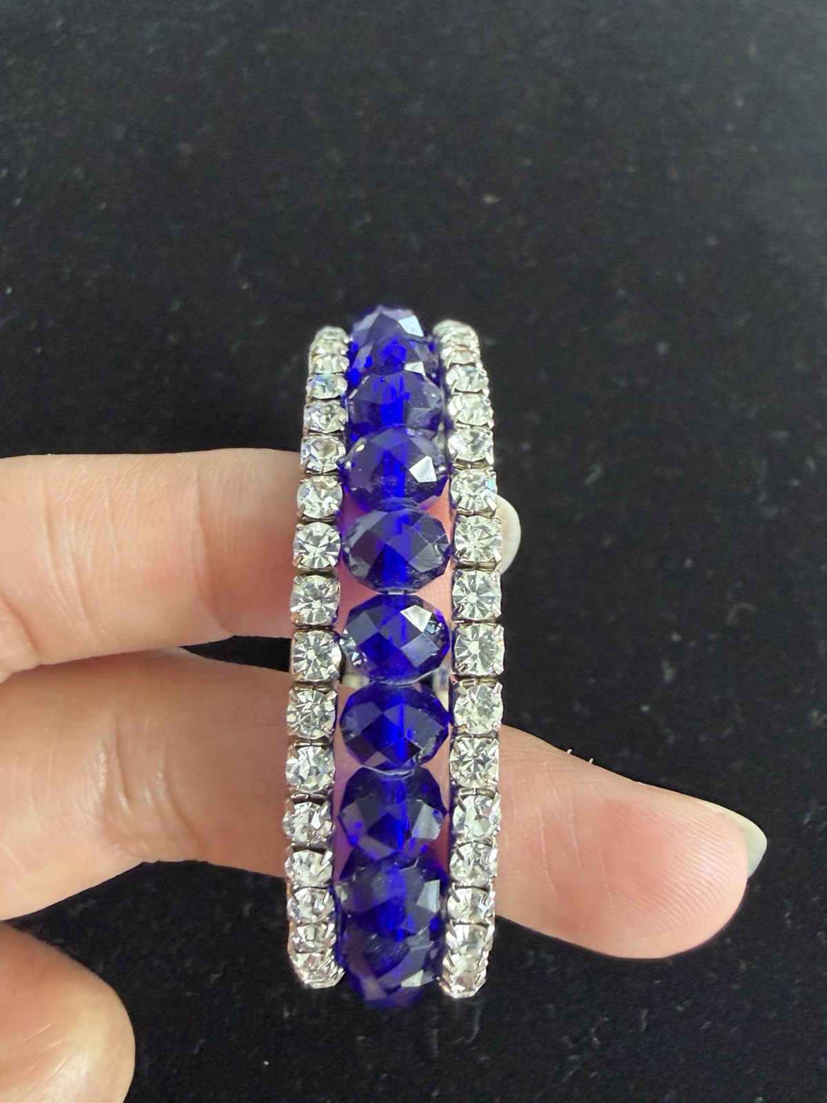 Blue Crystal Rhinestone Beaded Bangle Bracelet Silver Tone Slide Stackable 7in