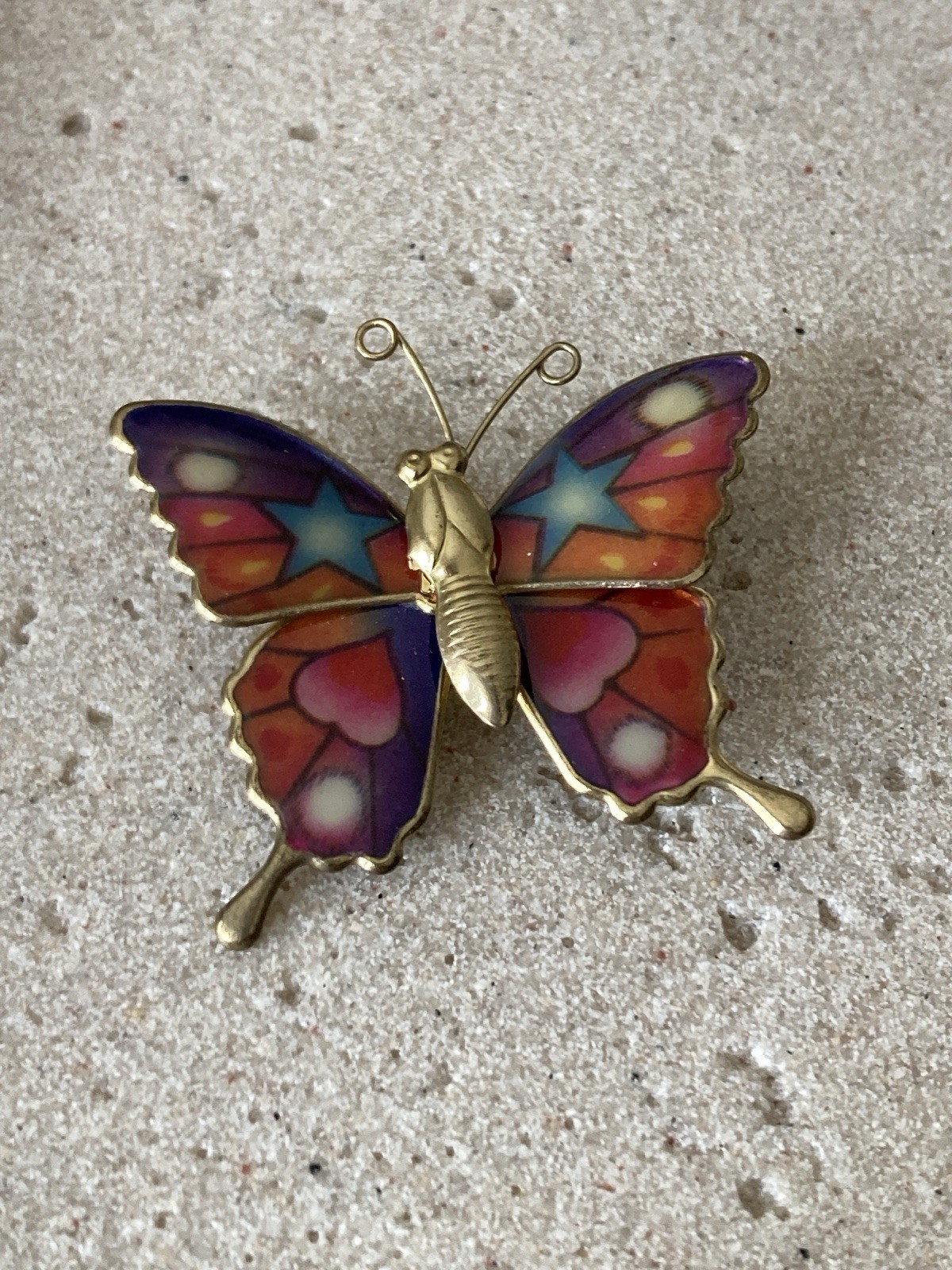 Colorful Butterfly Brooch Gold Tone Enamel Wings Star Heart Whimsical