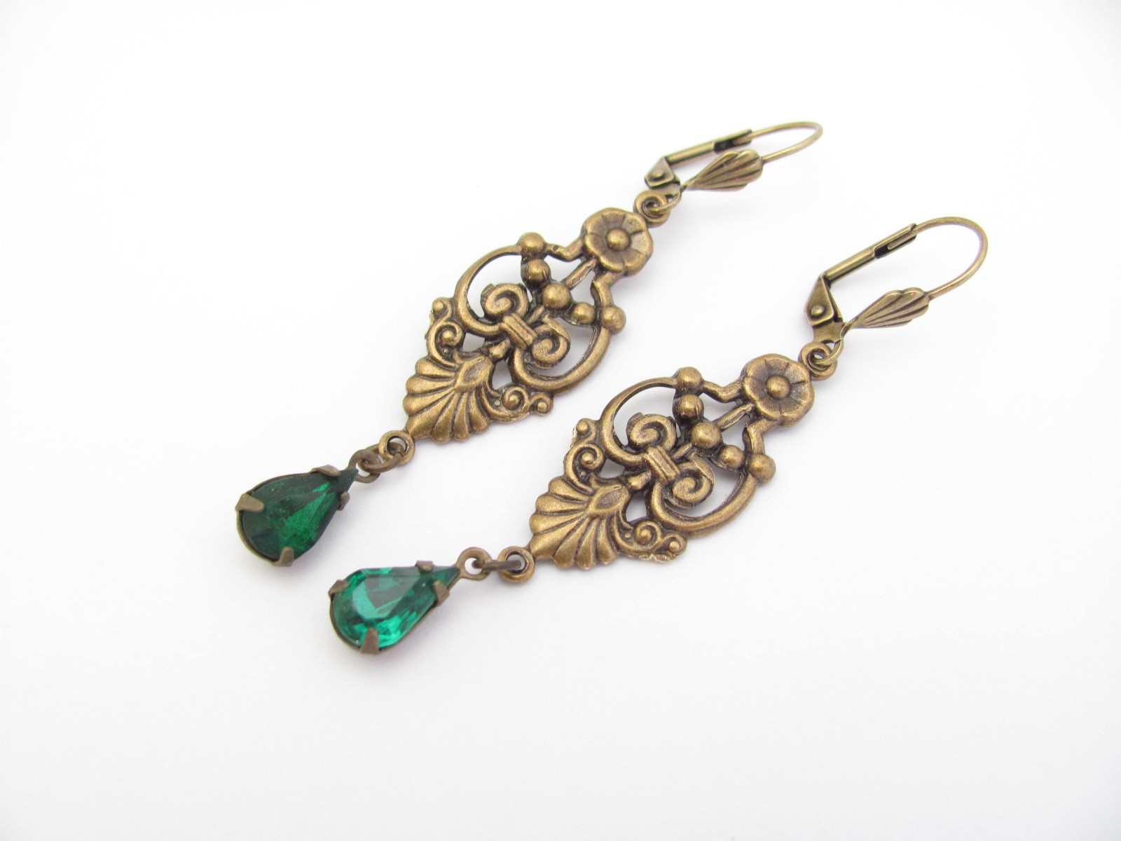 Art Deco Earrings Design Emerald Green Crystal Bohemian Antiqued Brass Long