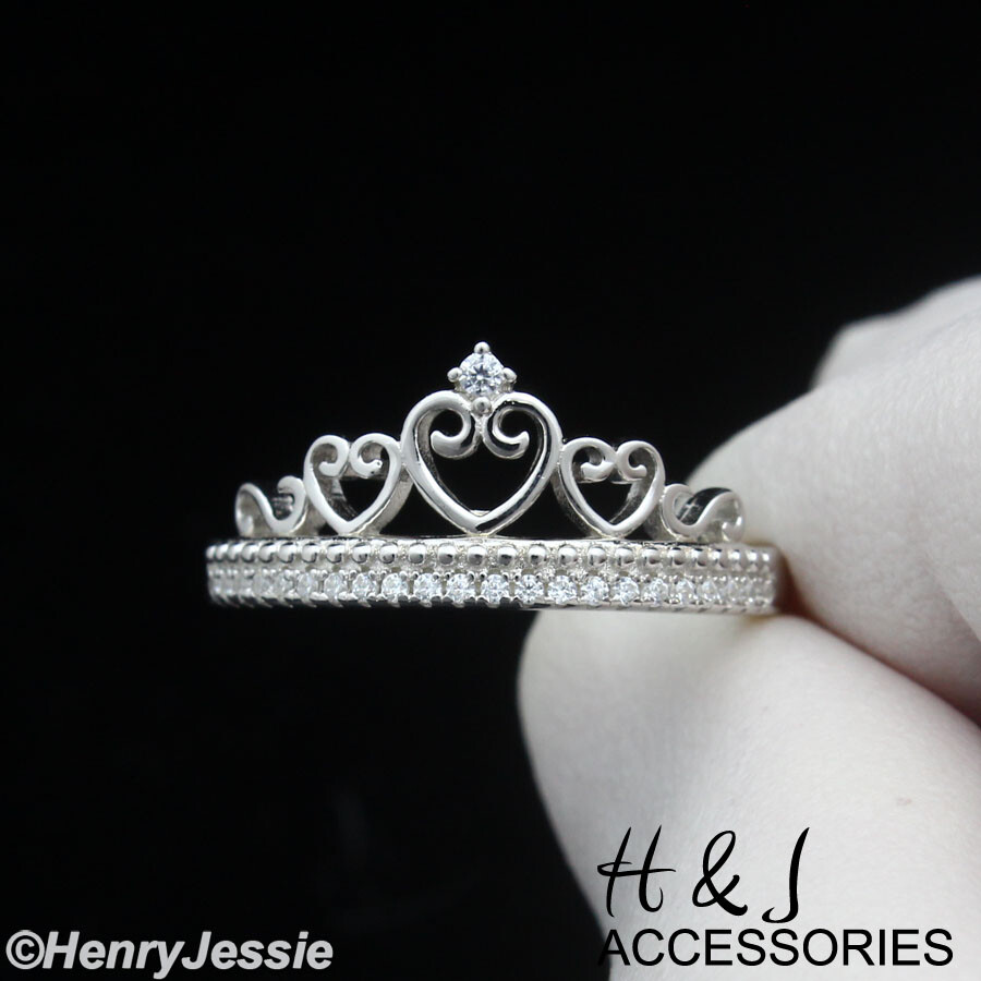 WOMEN 925 STERLING SILVER ICY BLING CZ HEART SHAPE ETERNITY CROWN RING*ASR193