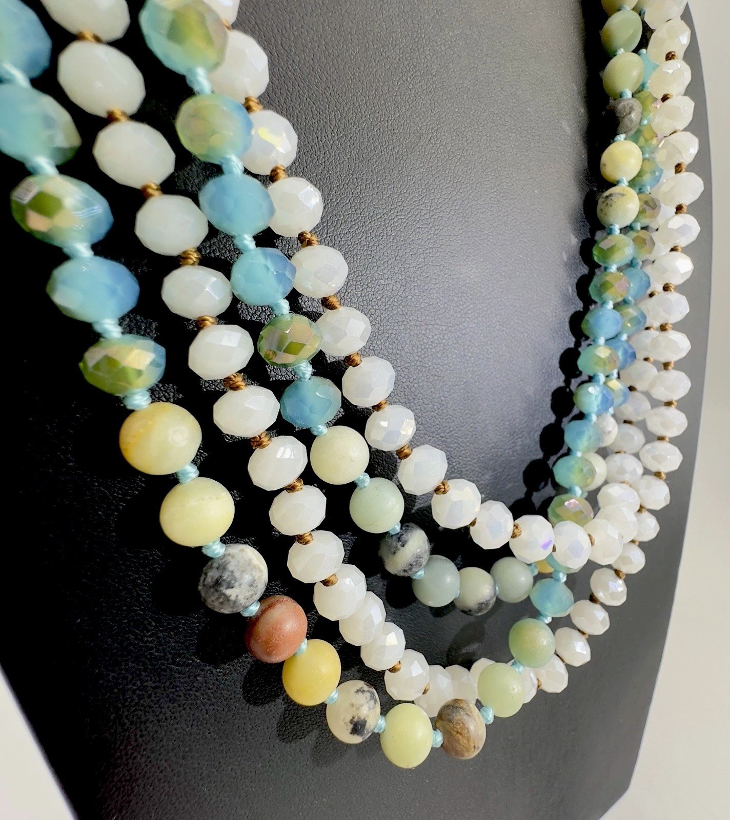 (2) Blue/Gold/White Faceted Sparkling Handknotted Beaded Necklaces 58” Long Hvy