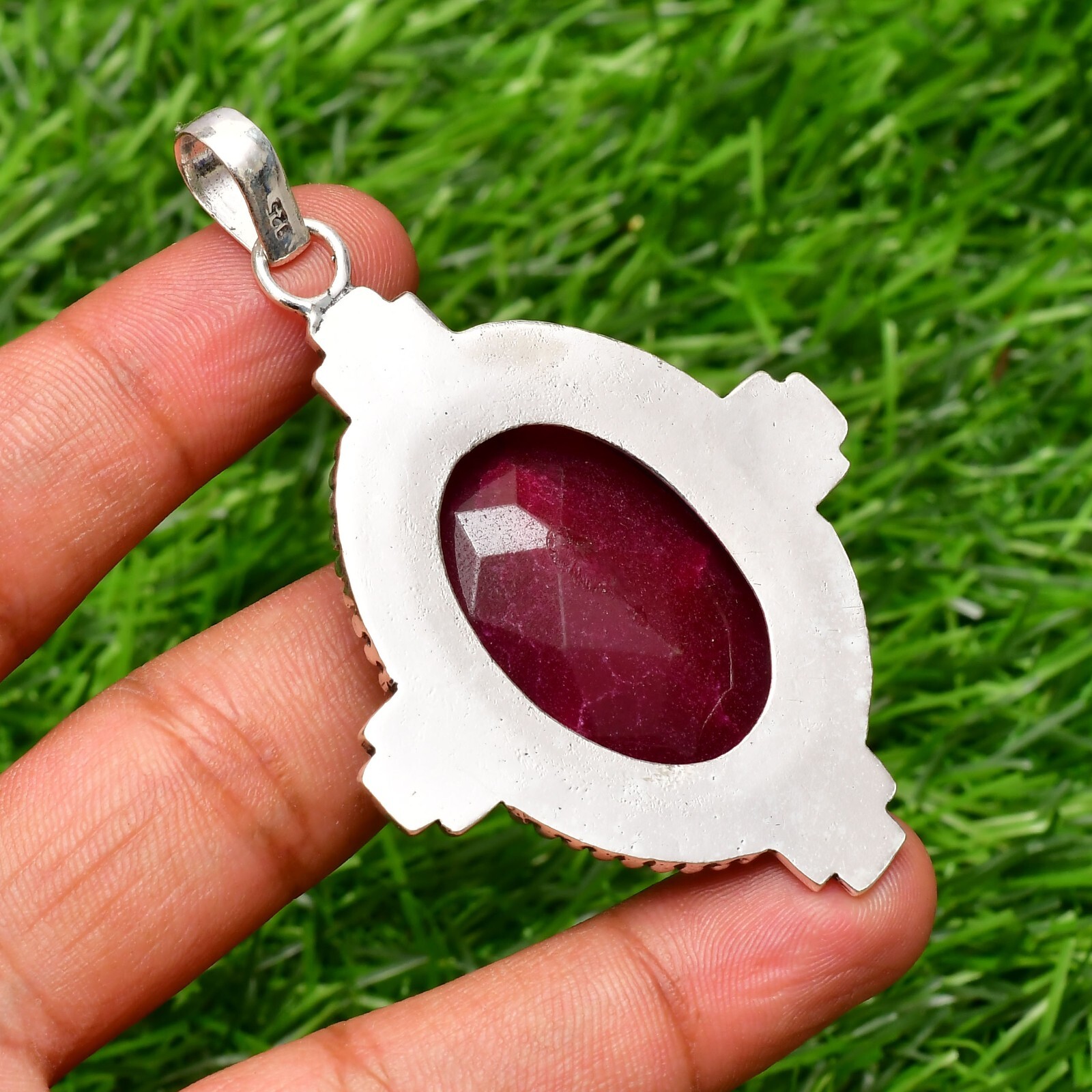 Ruby(Lab-Created) Gemstone 925 Sterling Silver Handmade Jewelry Pendant 2.10″