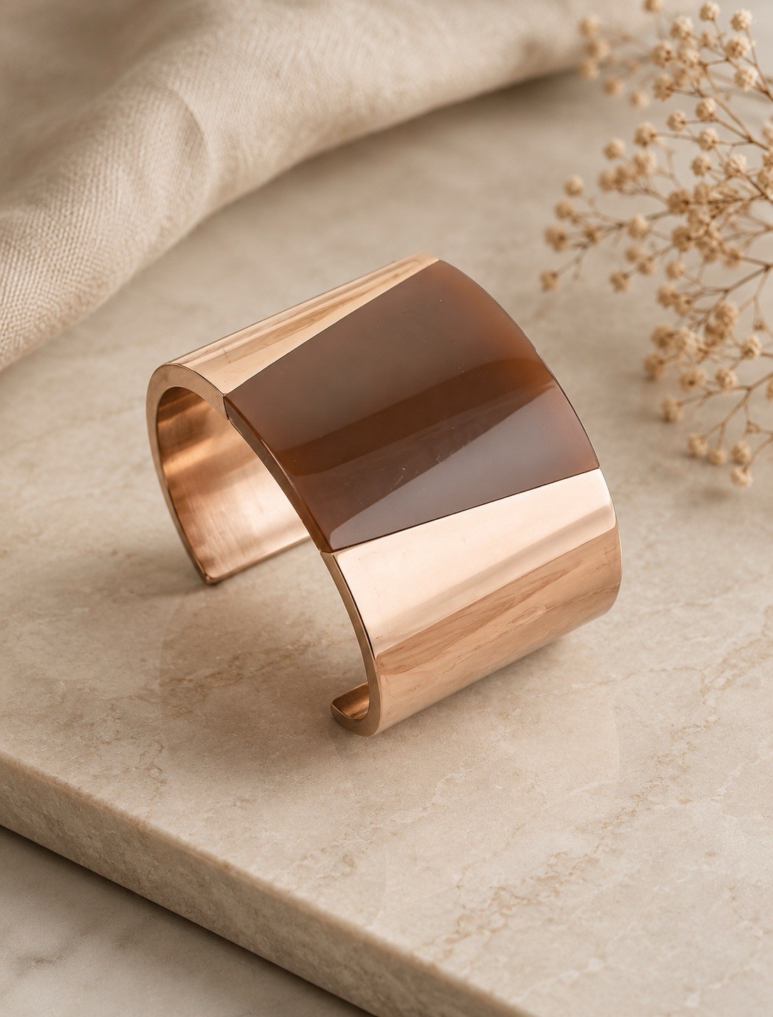 Calvin Klein Wide Rose Gold Tone Cuff Bracelet Brown Resin Panel NWT Box $229