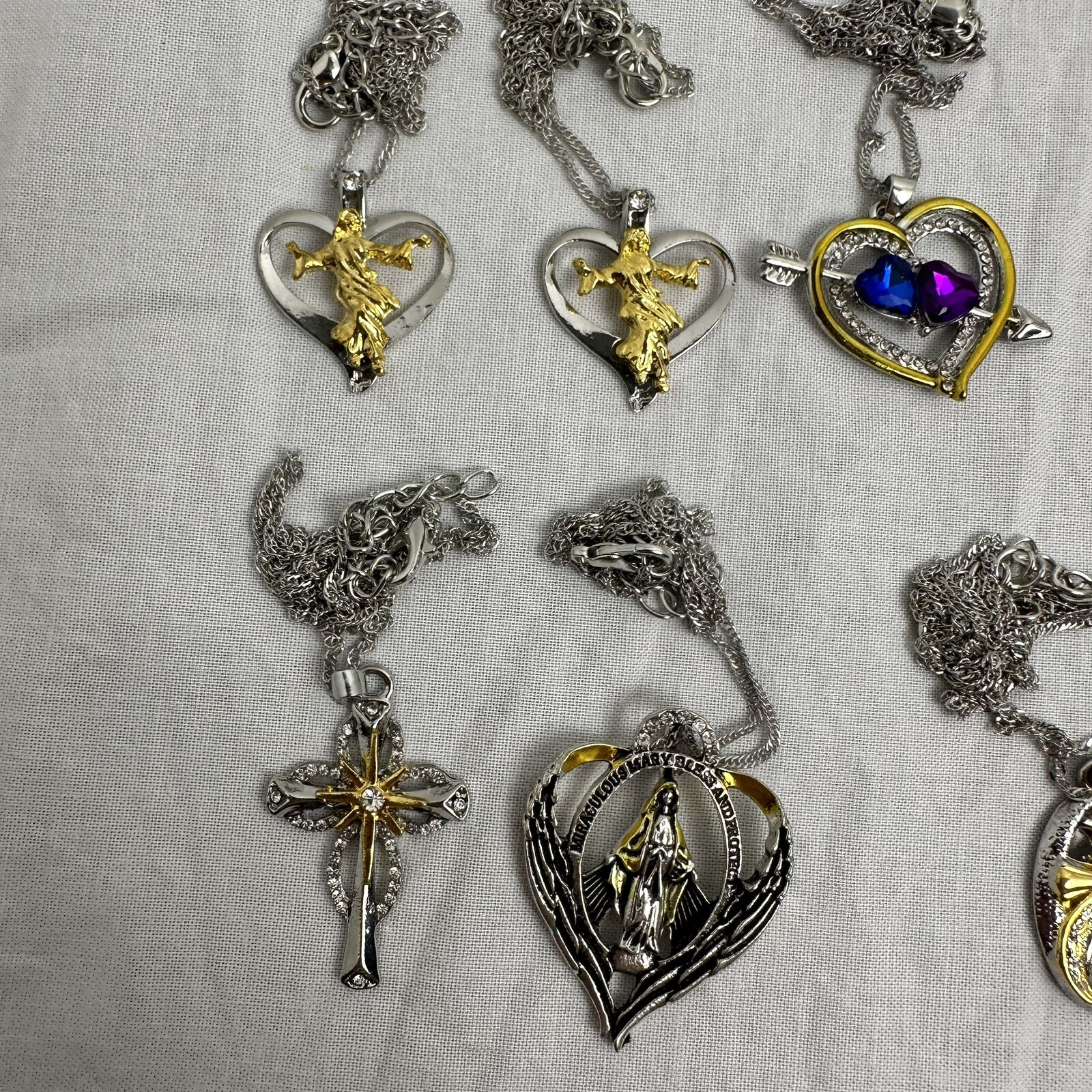 Lot of 14 Protect Charms Necklase Religious Cross Heart Flag