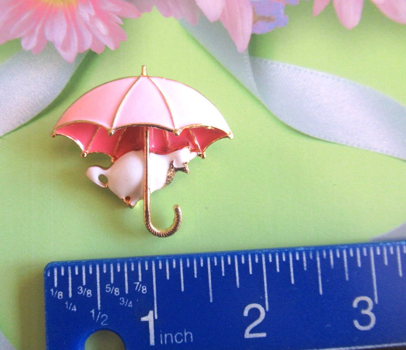 CUTE Enamel Pink Purple Umbrella White Black Kitty Cat Brooch Lot 2 pcs NEW