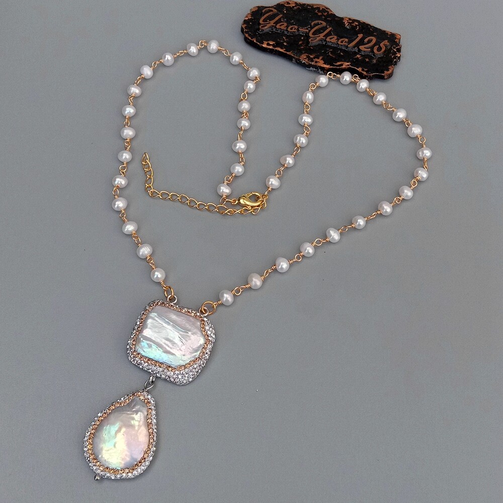 20″ Freshwater Cultured White Pearl Rosary Chain Necklace Keshi Pearl Pendant