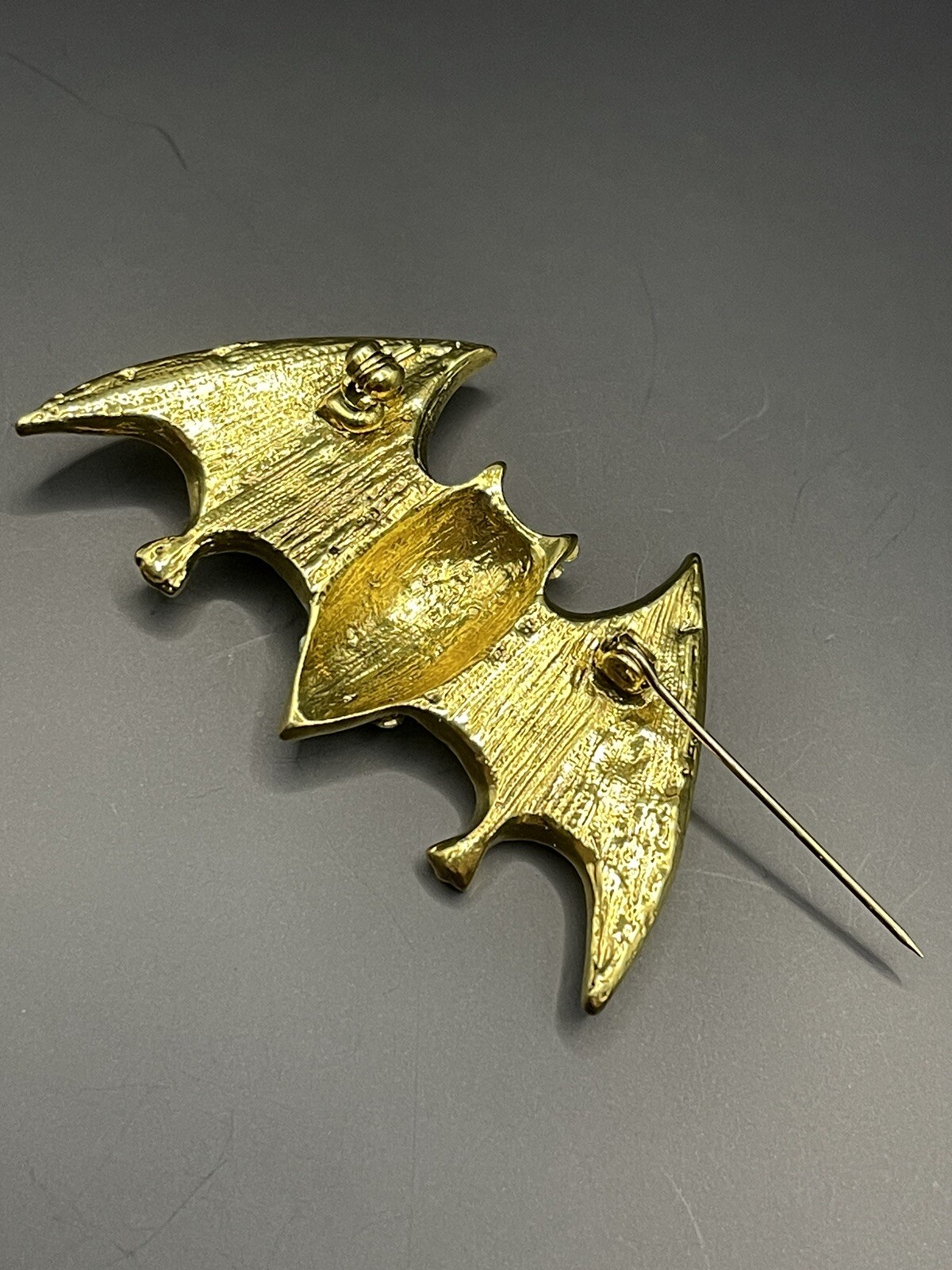 Gold Tone Flying Bat Green Rhinestone Brooch Pin