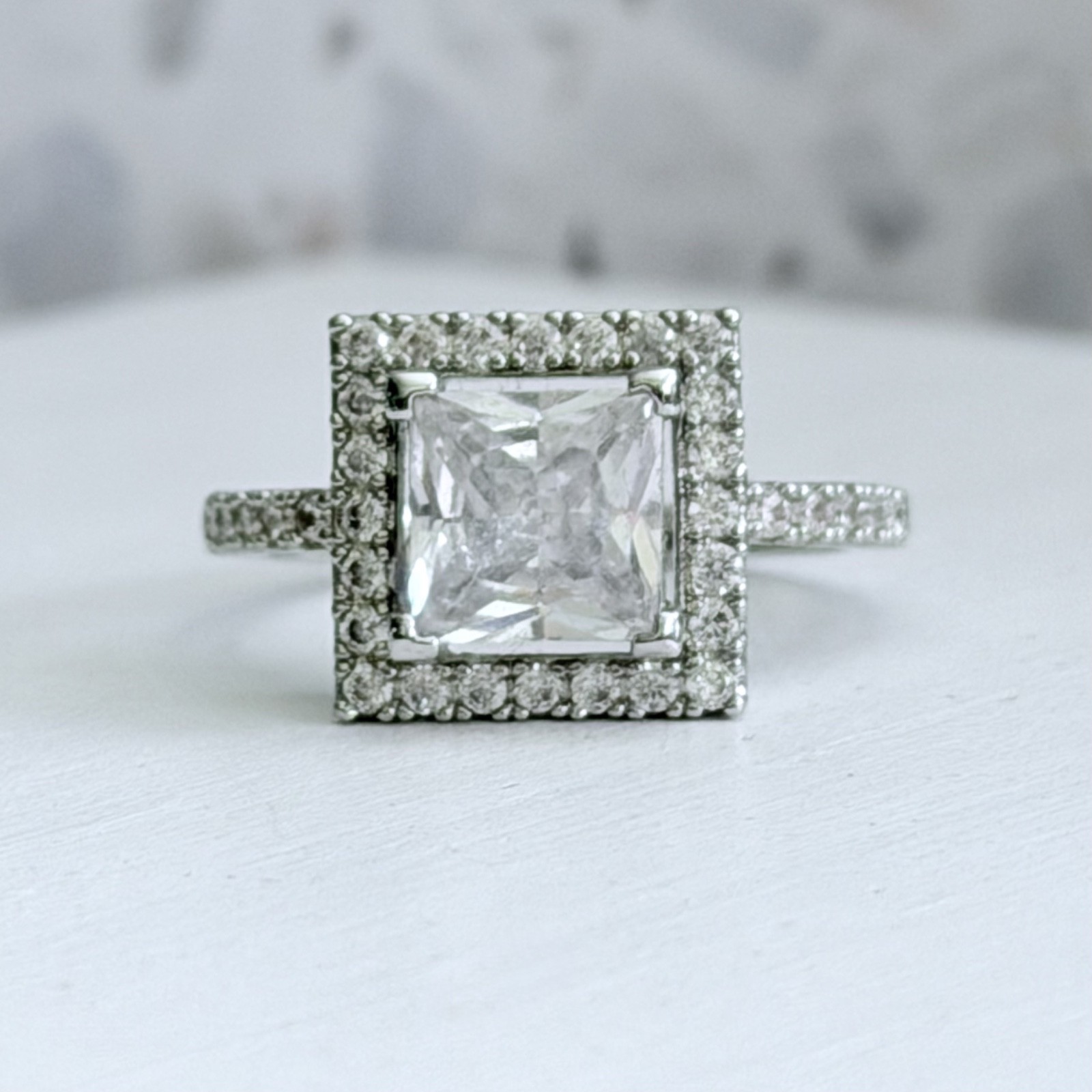 3 CT Princess Cut Simulated Sapphire 14k Gold & 925 Sterling Square Halo Ring