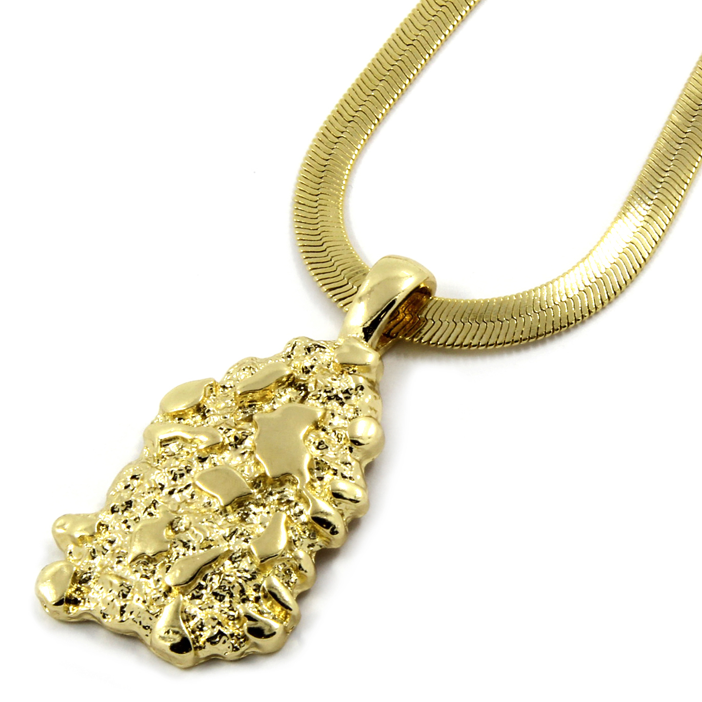 14K Gold Plated Nugget Pendant Hip-Hop 4mm/24″ Herringbone Chain