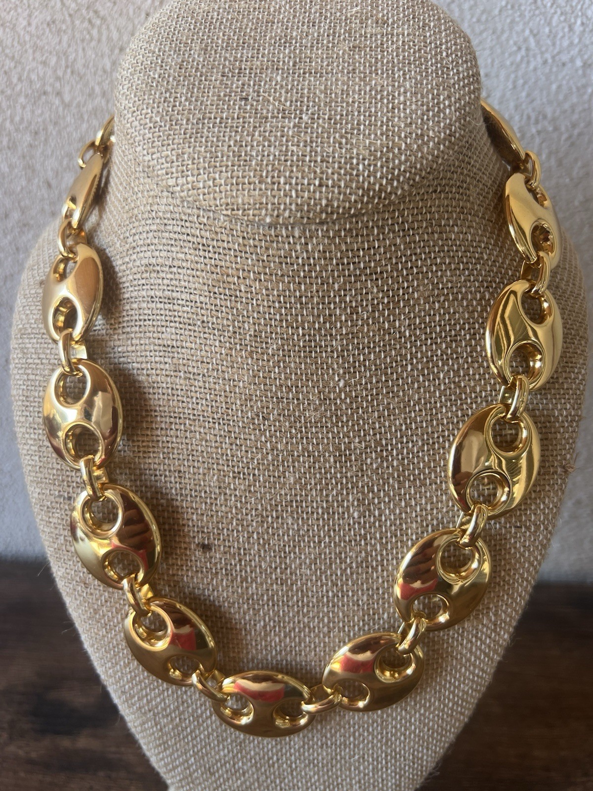 $155 X-Large Adjustable Golden Puffy Mariner Coffee Bean Link Statement Necklace
