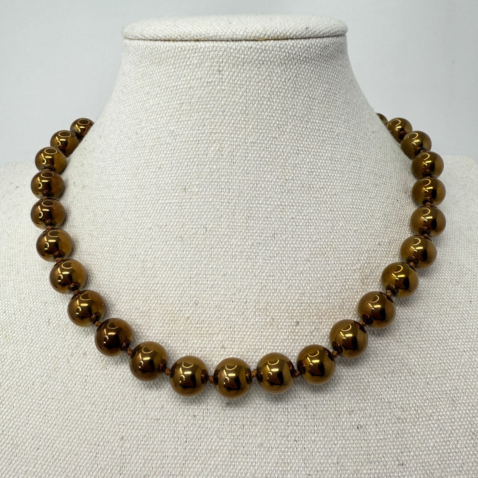 Metal Beaded Necklace Heavy Bronze Tone Knotted Sterling Clasp Statement