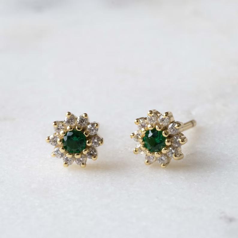 1.70 Ct Round Cut Simulated Emerald Flower Stud Earrings 14k Yellow Gold Plated