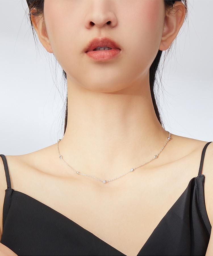 925 Sterling Silver CZ Bezel Station Chain Necklace Dainty for Women