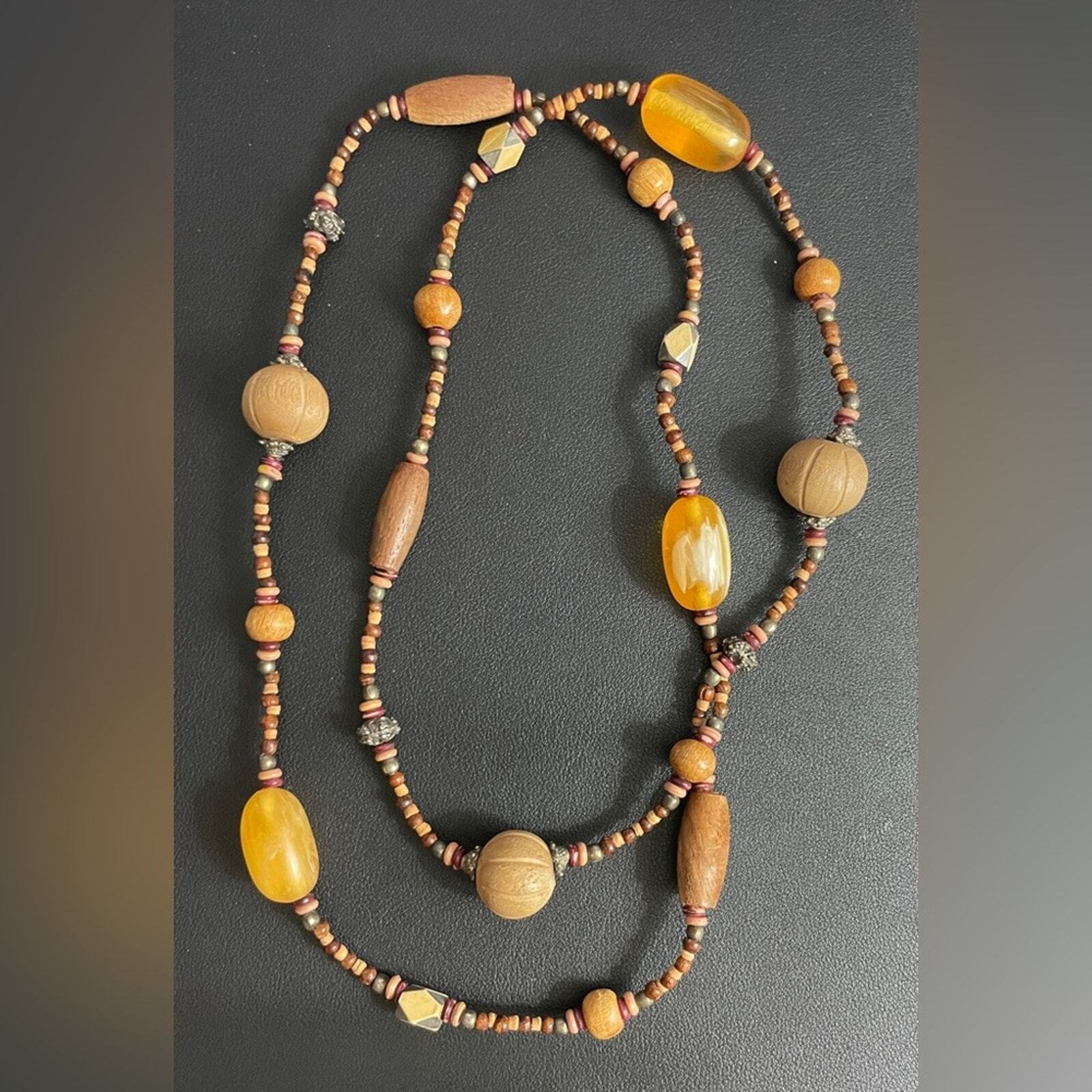 Vintage Wood Metal & Faux Amber 42″ Long Bead Necklace
