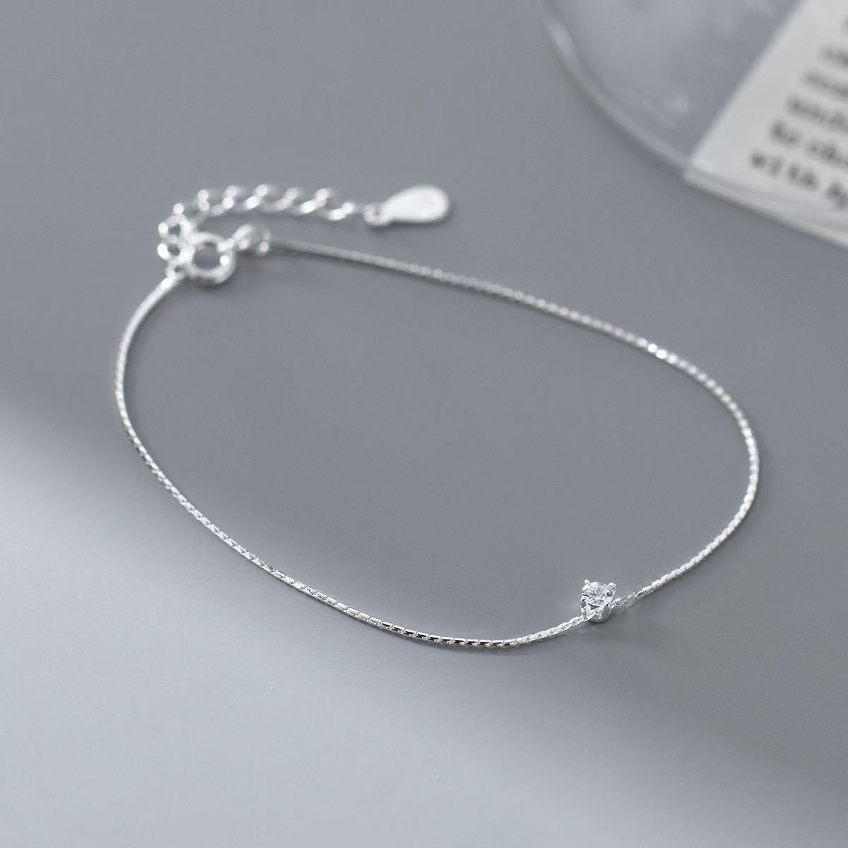 Women Real S925 Sterling Silver Cute CZ Thin Bracelet Bangle 7.5 inches