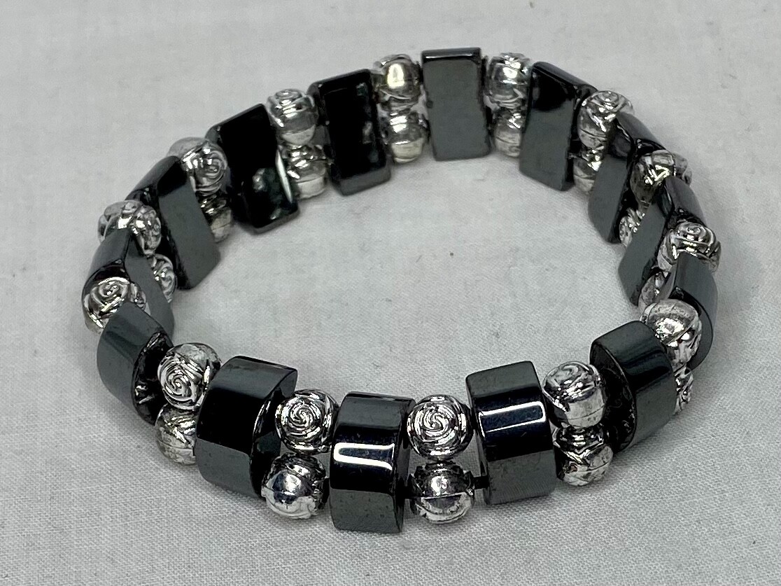 Non Magnetic Half Round Hematite & 5mm Beaded Stretch Bracelet 10 COLOR OPTIONS