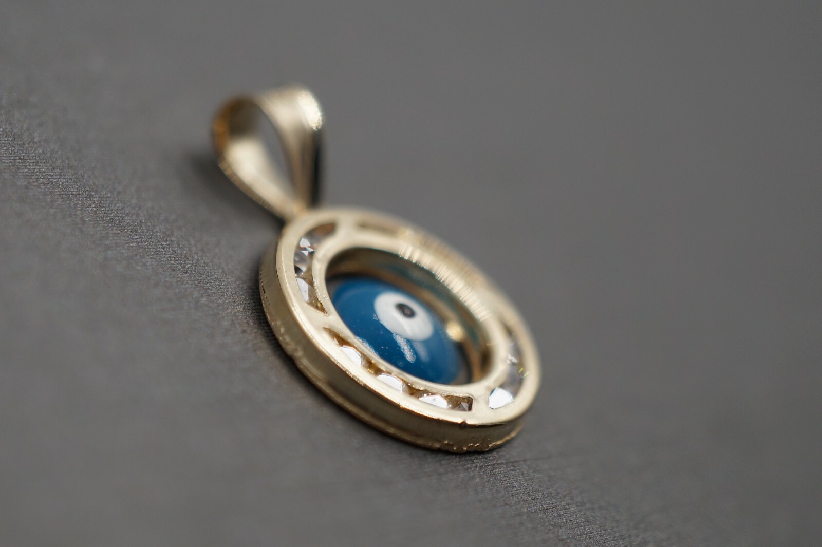 10K Solid Yellow Gold 0.65″ Circle Blue Evil Eyes Good Luck CZ Charm Pendant.