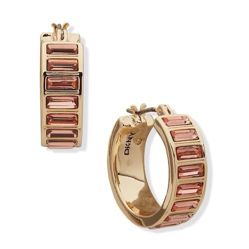 DKNY Small Baguette Crystal Hoop Earrings Pink Gold Tone Click Top 0.65” NWT