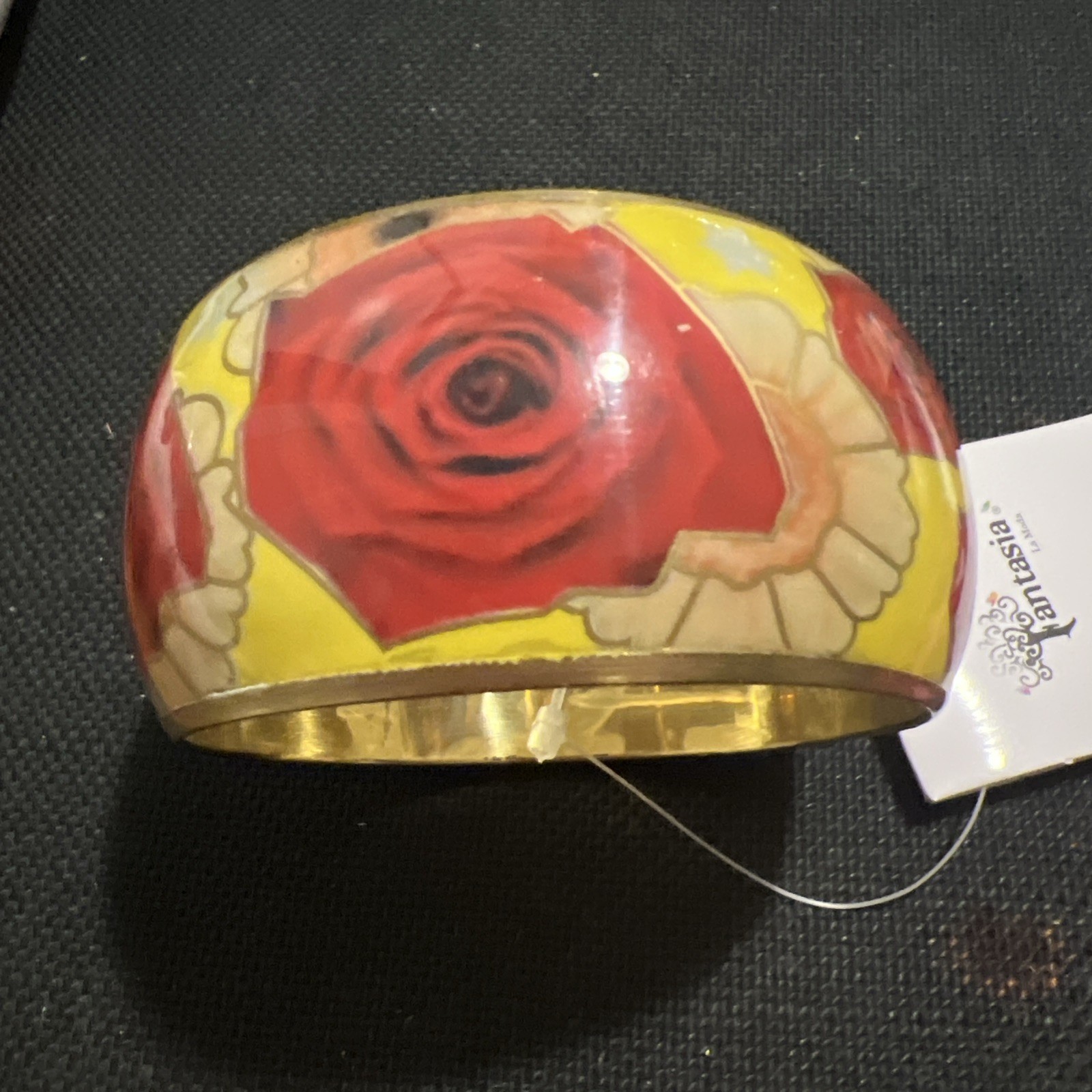 Gold Tone Fantasia Lead Compliant Red Rose floral Inlay Bracelet Size 8