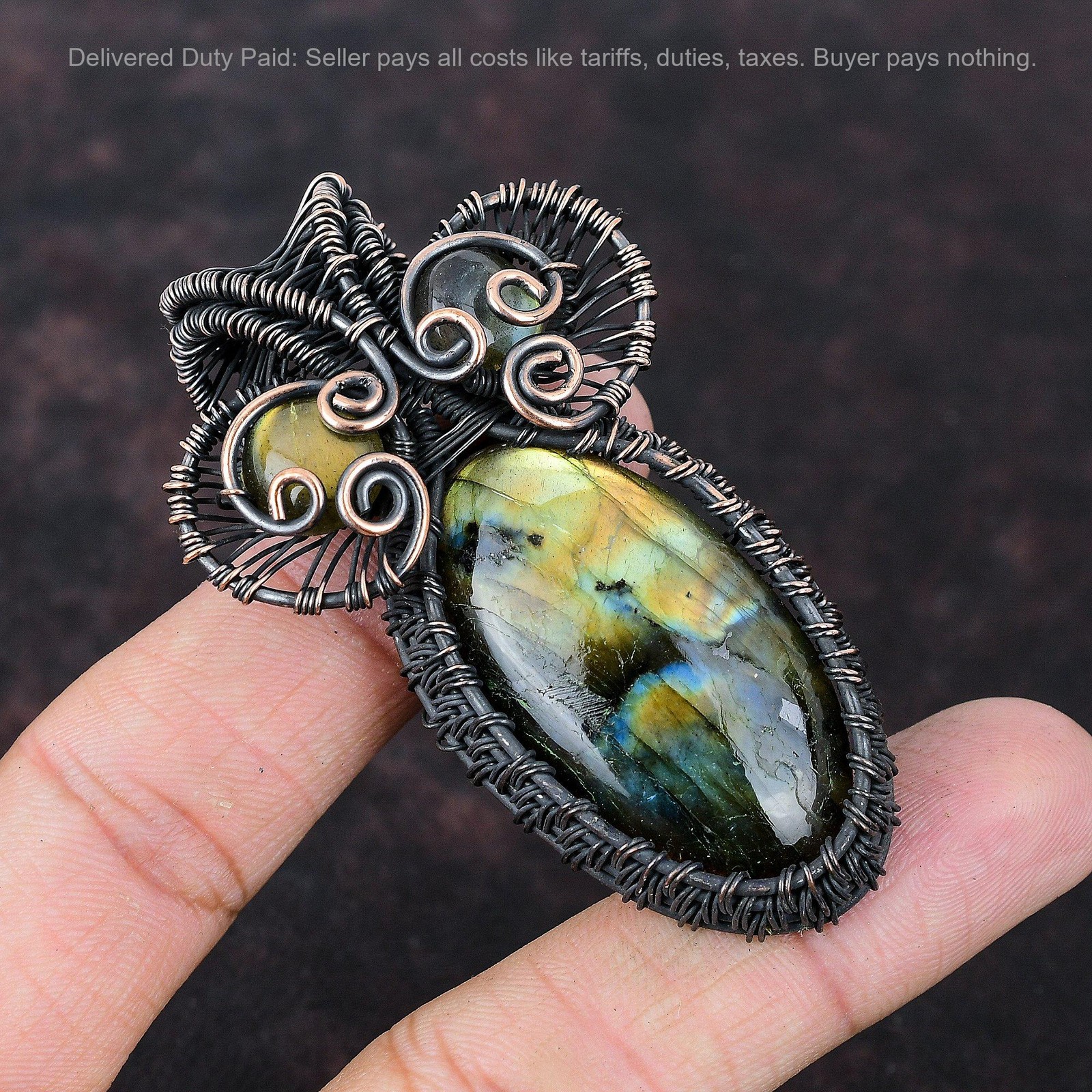 Copper Oval Natural Labradorite Handcrafted Birthday Wire Wrapped Wife Pendant