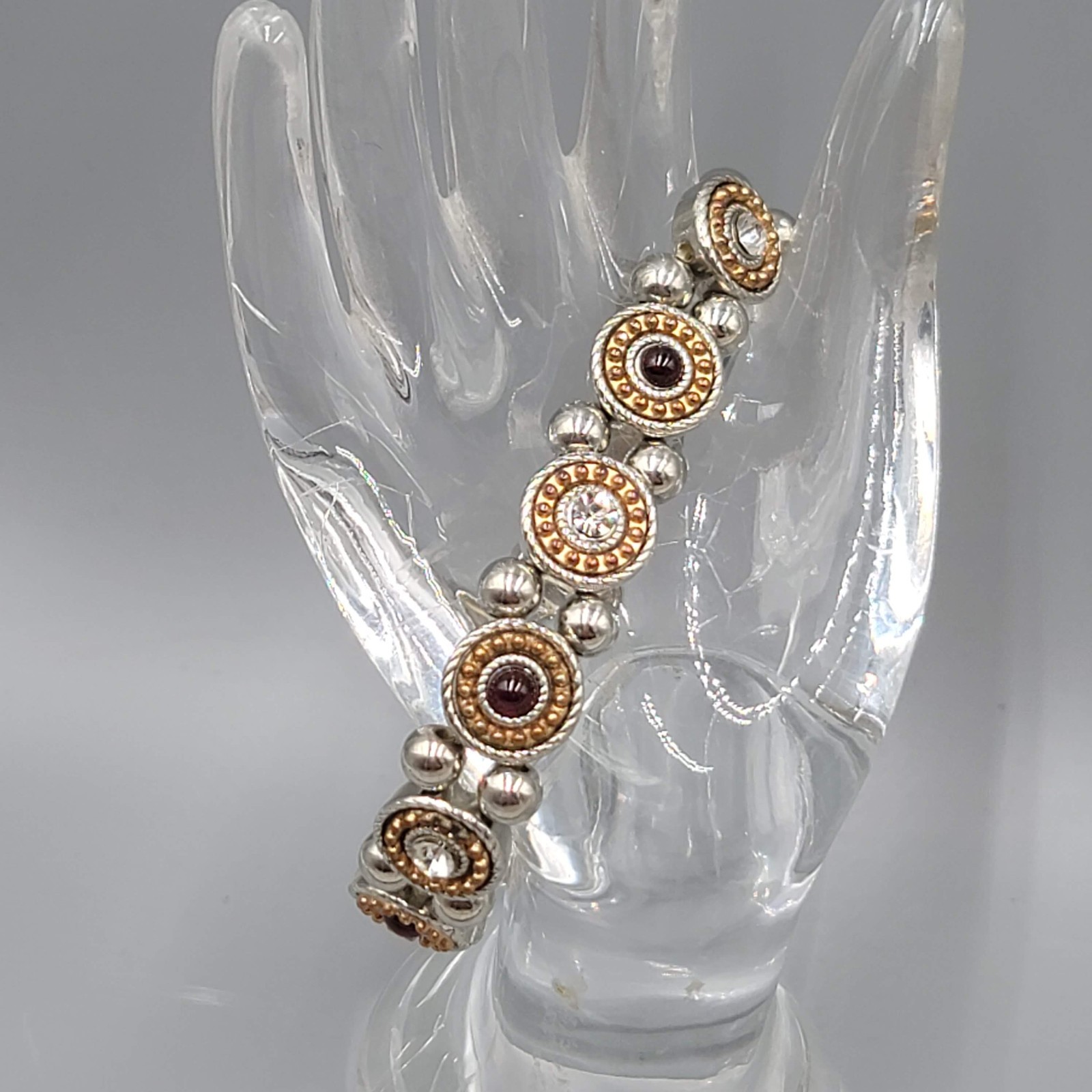 Clear Red Rhinestone Panel Elastic Bracelet Silver tone Gold tone 7″