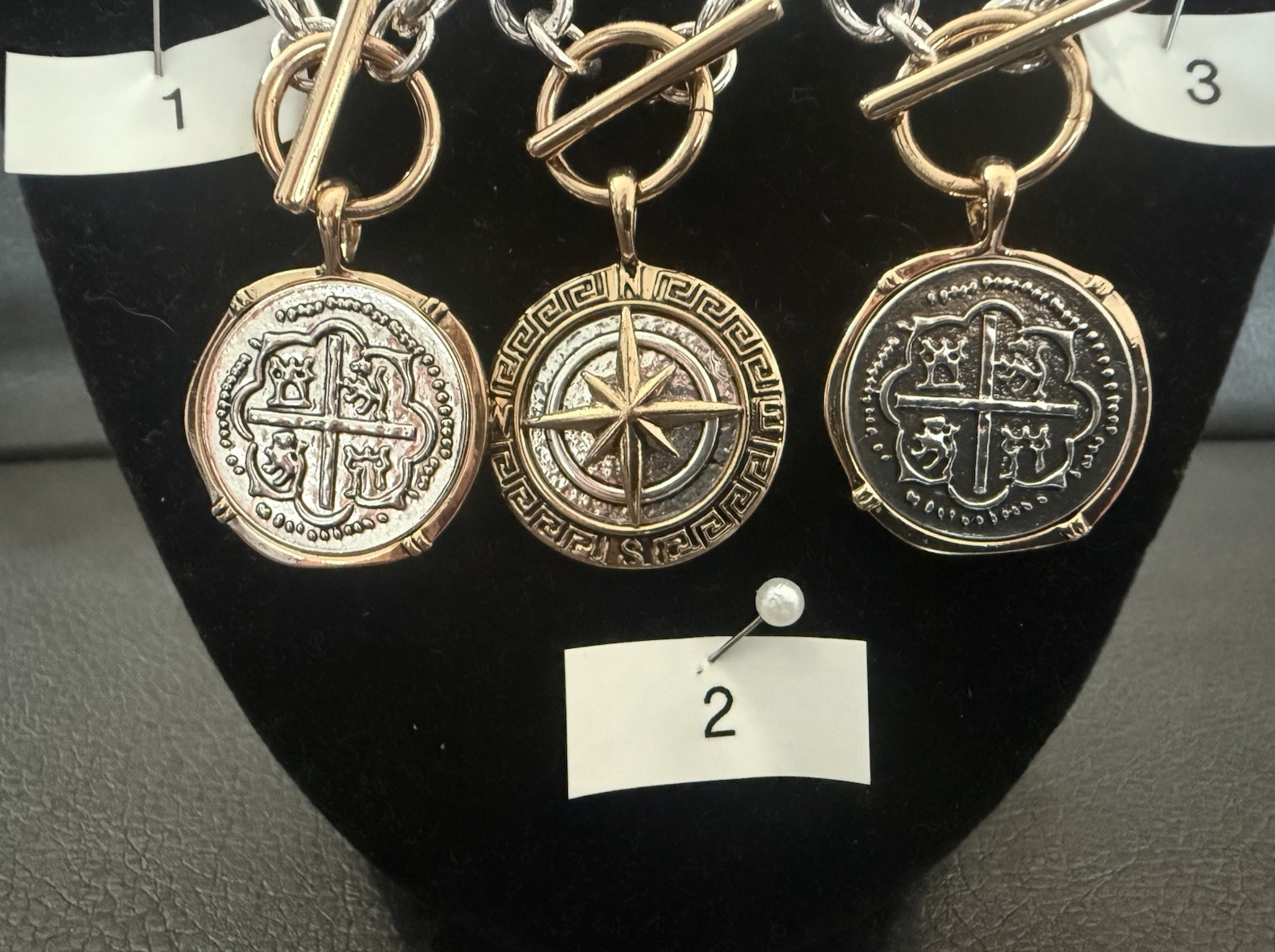 New Costume Jewelry Medallion Necklaces; Gold And Silver Tones W/A Front Closure