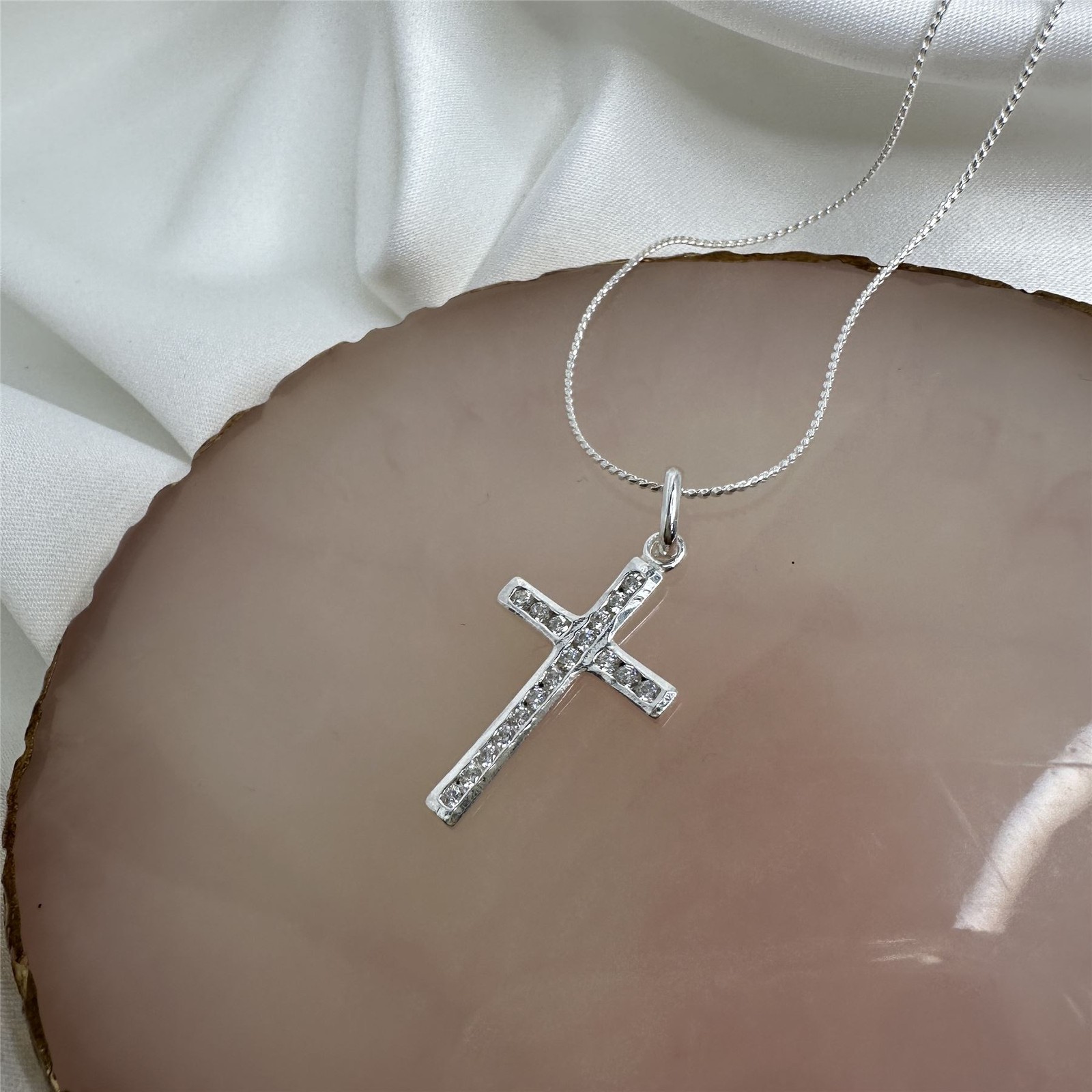 Sterling Silver & CZ Crystal Cross Necklace 16 18 20 22 Inches