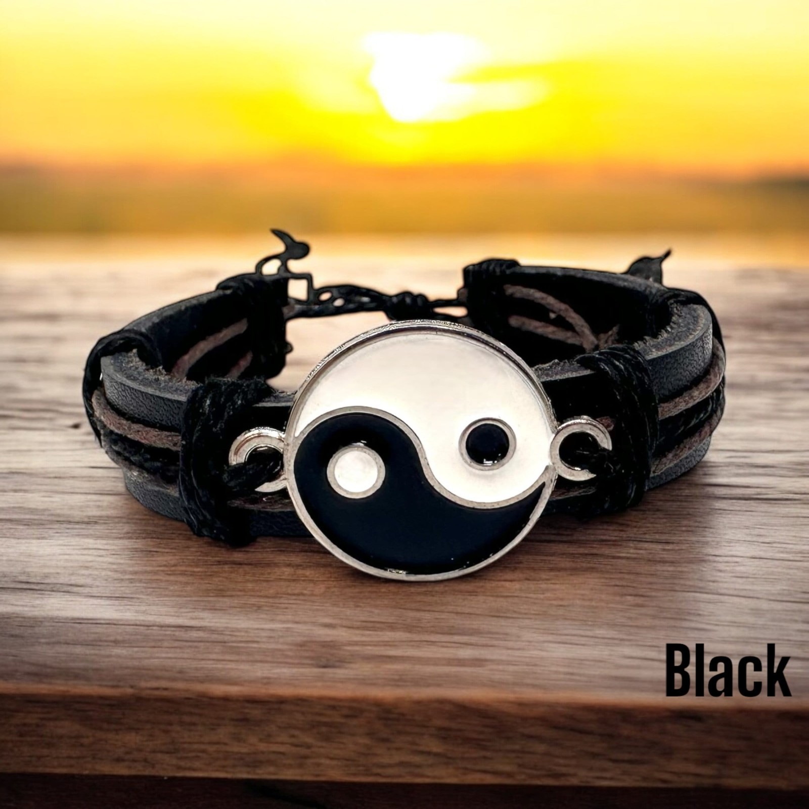 Yin Yang Leather Bracelet Adjustable Unisex Handmade Balance Symbol 6-10in
