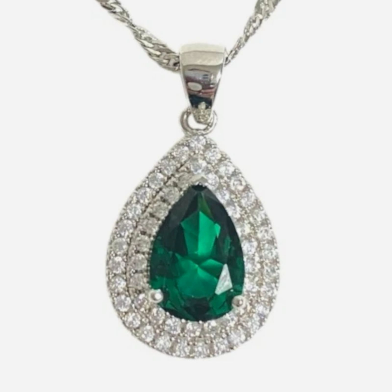 Green Rhinestone Pendant Necklace Birthstone Silver Tone Twisted Herringbone