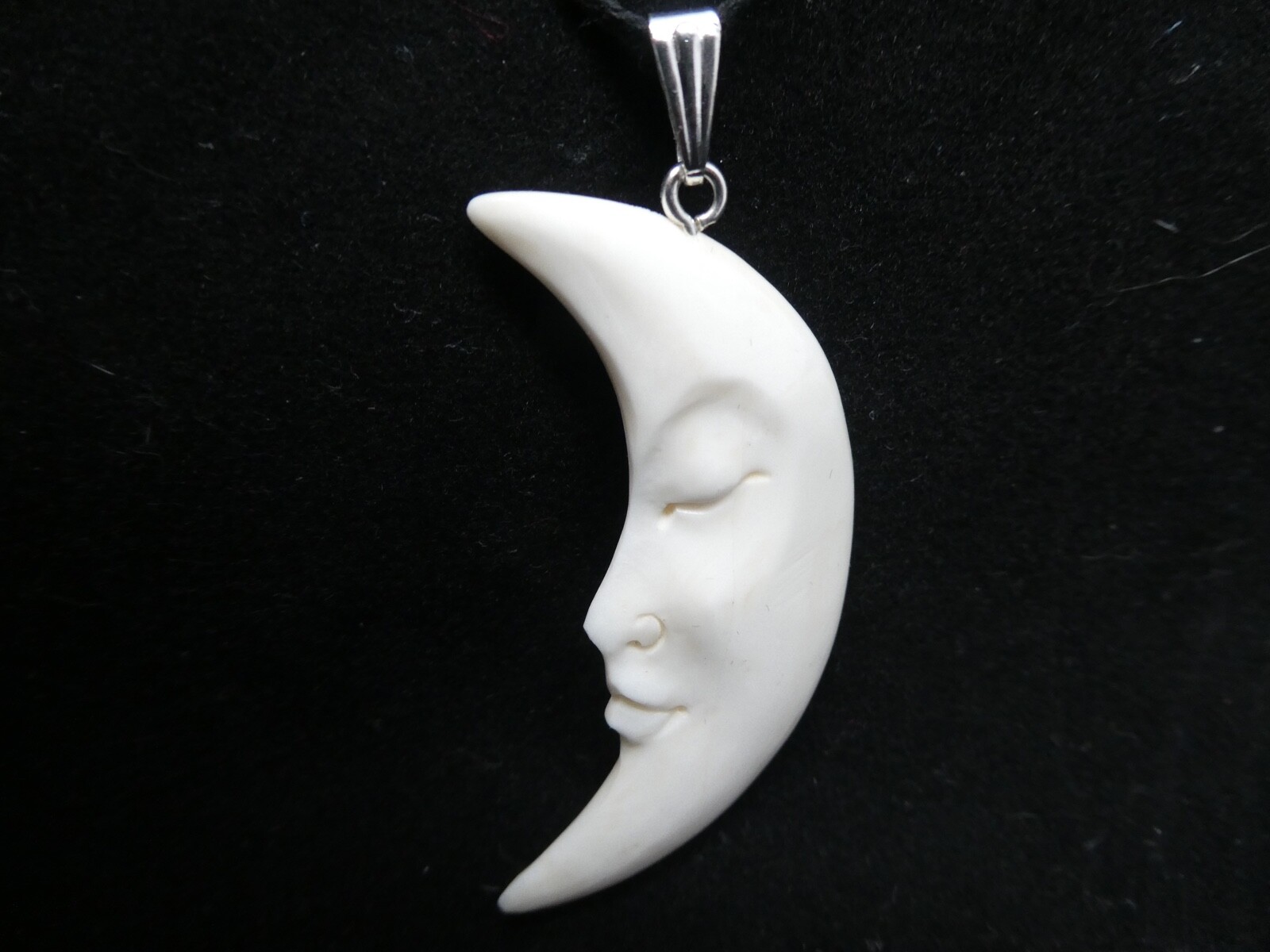 Crescent Half MOON Double Sided Face Carved Water Buffalo Bone Pendant Necklace
