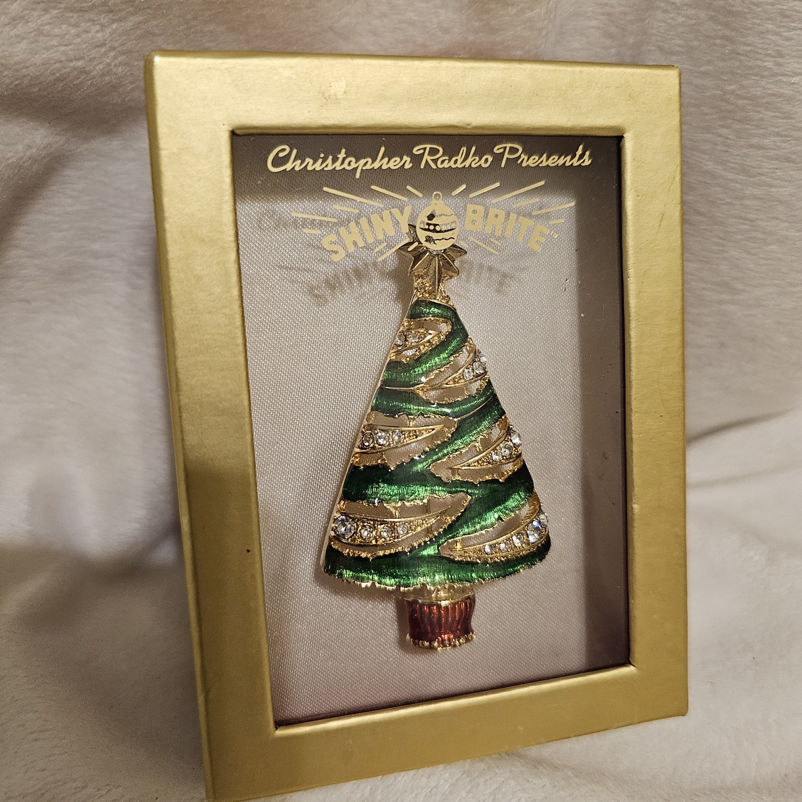 Christopher Radko Shiny Brite Christmas Tree Brooch Enamel Rhinestone Holiday