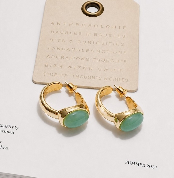 Anthropologie Stone Inset Jade Earrings Gold Hoop