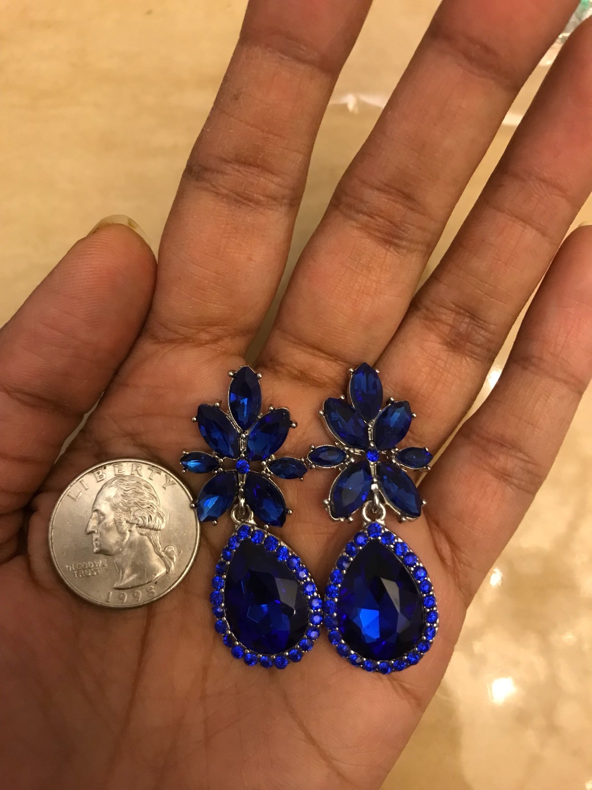 Royal Blue Earrings Silver Dangle Rhinestone Teardrop Crystal Pageant Prom