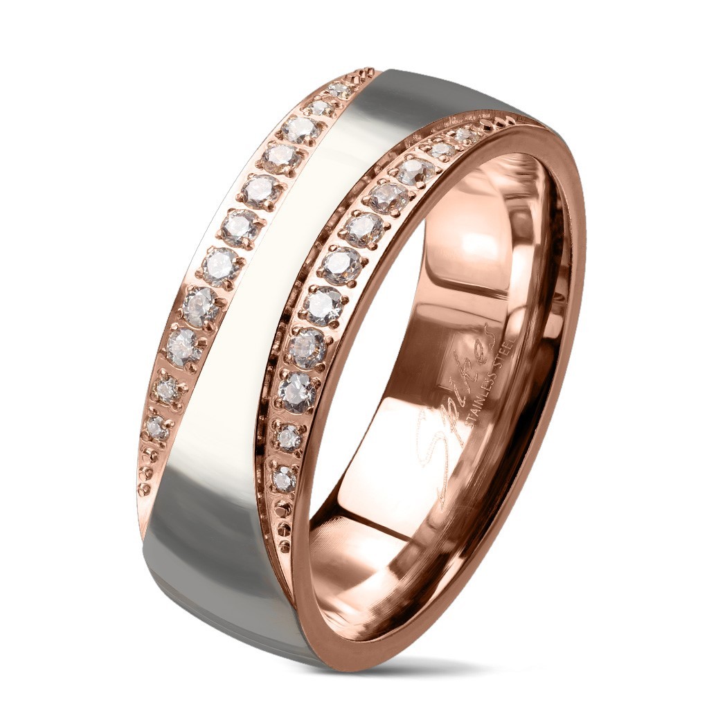 Rose Gold Plated Stainless Steel 0.18 Carat CZ Pinched Center Stripe Ring