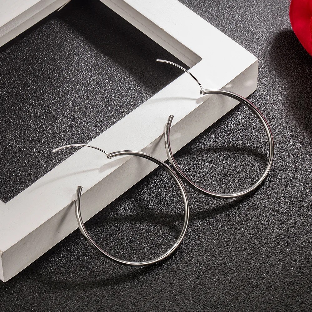 925 Sterling Silver 5CM Large Hoop Earrings Women Wedding Party Jewelry